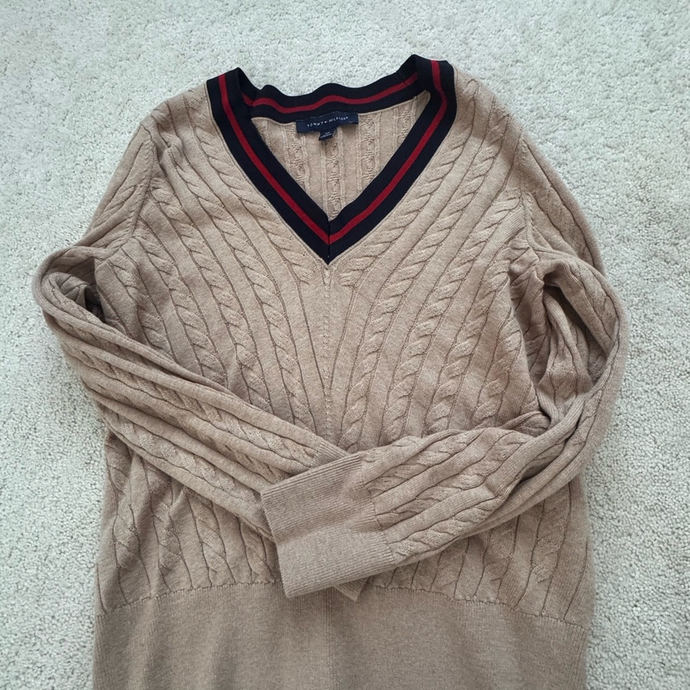 Tommy Hilfiger Tan V-Neck Cable Knit Sweater - Picture 3 of 7